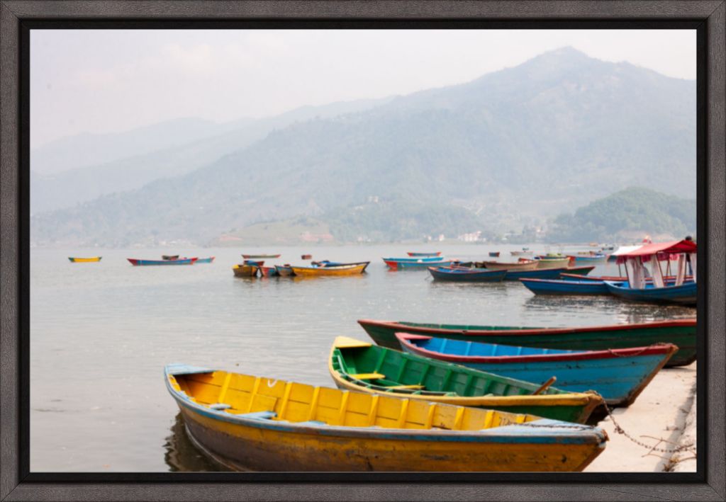 Boats on Phewa Lake, Pokhara, Nepal - Framed Canvas