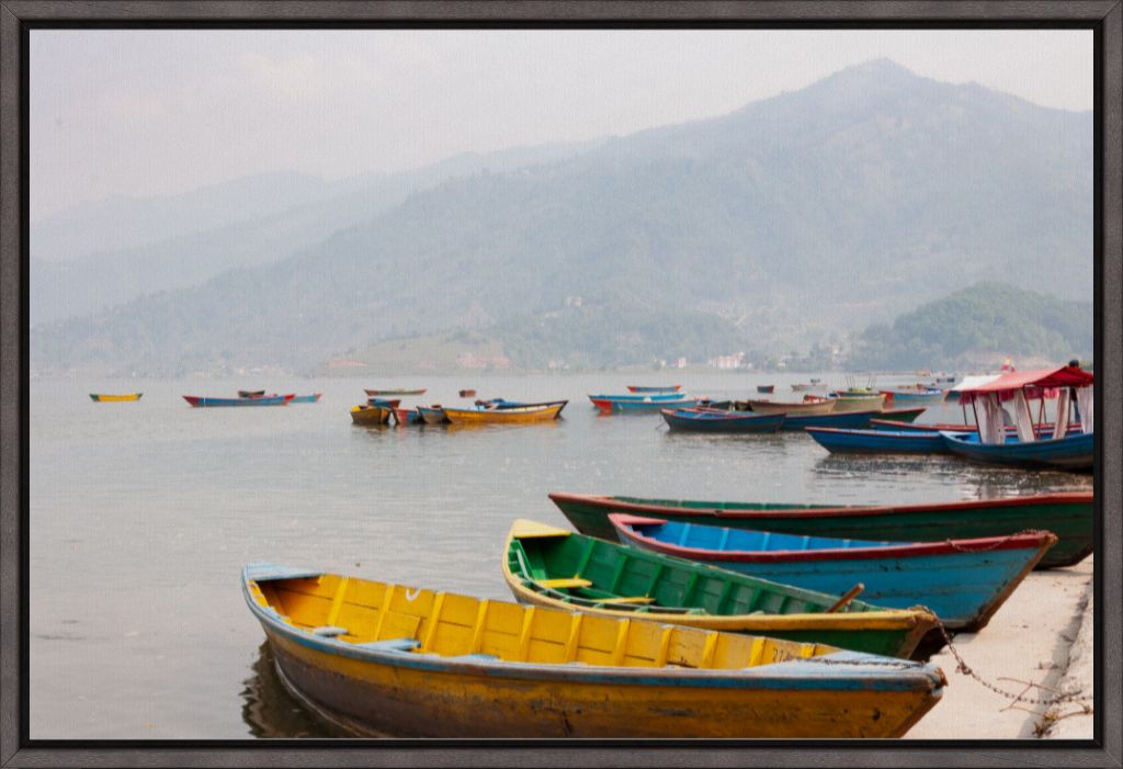 Boats on Phewa Lake, Pokhara, Nepal - Framed Canvas